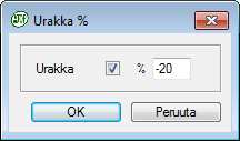 Urakointi % ja urakka-ajan päivitys Laskija voi määritellä Urakointi % päälle ylävalikosta Ylläpito Asetukset - Urakointi %. Valintaa ei voi tehdä projektin ollessa auki.