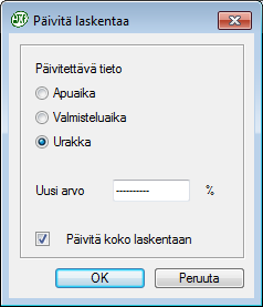 Urakointi näkyy myös Laskentamallin työrivit -kortilla Poiminnat välilehdeltä Avoinna olevan laskennan Urakointi prosentin voi jälkeenpäin päivittää työmäärälaskentakortilla Päivitä % painikkeesta.