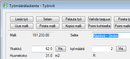 Lisää huone 1/2 Voit lisätä samalla mallilla laskettavia huoneita laskentamallille. Paina työmäärälaskentakortin Huoneet -painiketta. Valitse Muokkaa huoneita -kortilta vaihtoehto Lisää huone.