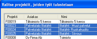 Valitse haluamasi projekti tai projektit. Jos valitset tulostusohjelmaksi Excelin, saat myös töiden jakautumisen grafiikkana.