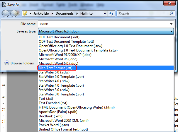 Valitse RTF-tiedostoformaatti Valitse alasveto-valikosta oikea tiedostoformaatti eli Rich Text Format (.rtf).
