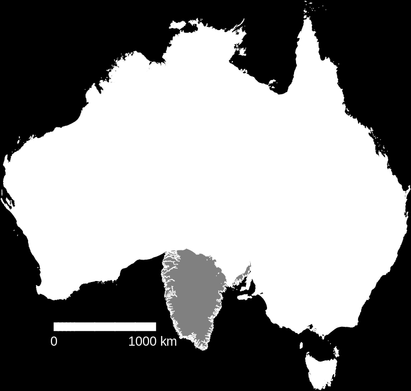 Grönlannin ja Australian todellinen kokosuhde.