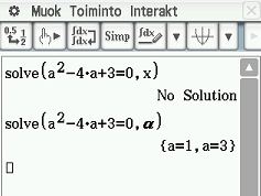 20 5.2. Interakt Lisätoim-alavalikon komennot 1. solve-komento: Solve-komennolla voidaan ratkaista yhtälöitä ja epäyhtälöitä.