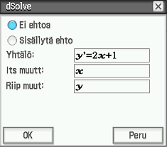 23 2. dsolve-komento: Ratkaisee differentiaaliyhtälöitä. Esim.5.3. Ratkaise differentiaaliyhtälö y' 2x 1 Ratkaisu: 1. Kirjoita yhtälö y' 2x 1 ja maalaa yhtälö ( löytyy virtuaalinäppäimistöstä Mat.