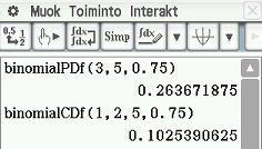 54 5.10.2. Interakt Jakauma / käänt. jakauma Erillinen-alavalikon komennot 1. binomialpdf-komento: Laskee binomitodennäköisyyden. 2. binomialcdf-komento: Laskee kertymäfunktion arvon. Esim. 5.5. Liisa saa tikanheitossa kympin 75 % todennäköisyydellä.