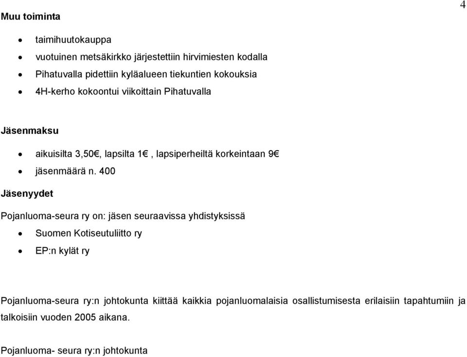 400 Jäsenyydet Pojanluoma-seura ry on: jäsen seuraavissa yhdistyksissä Suomen Kotiseutuliitto ry EP:n kylät ry Pojanluoma-seura ry:n