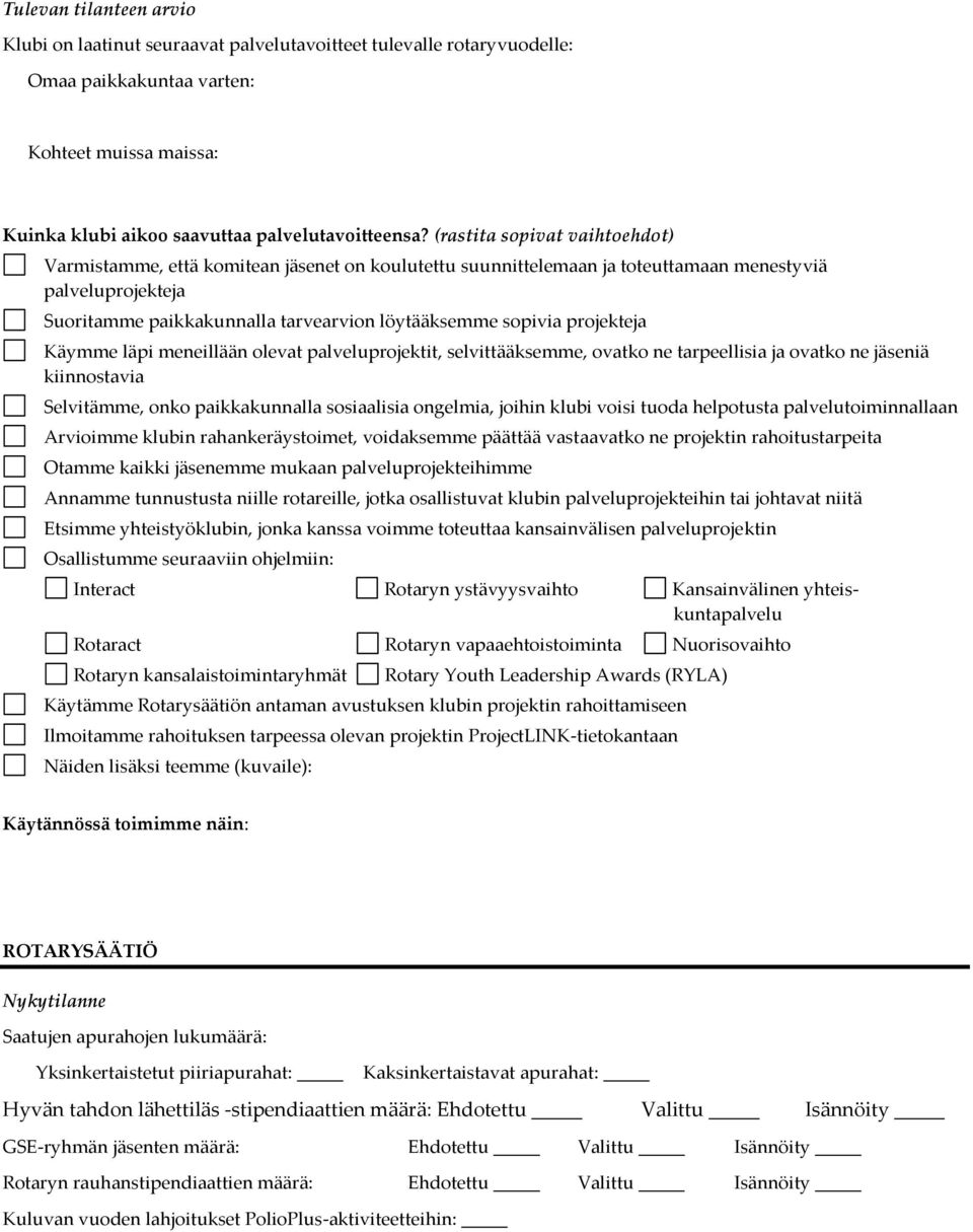 projekteja Käymme läpi meneillään olevat palveluprojektit, selvittääksemme, ovatko ne tarpeellisia ja ovatko ne jäseniä kiinnostavia Selvitämme, onko paikkakunnalla sosiaalisia ongelmia, joihin klubi