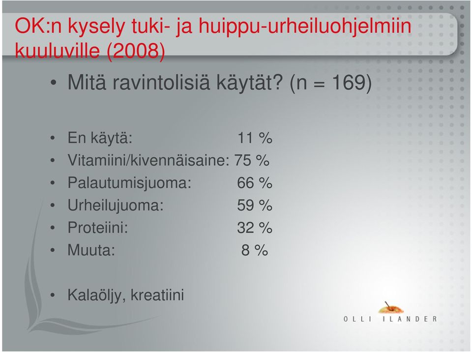 (n = 169) En käytä: 11 % Vitamiini/kivennäisaine: 75 %