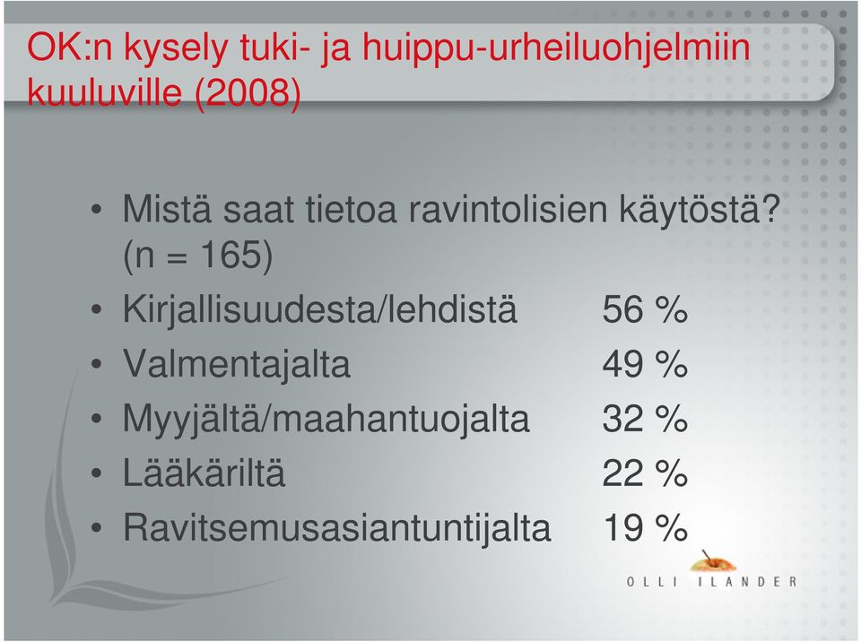 (n = 165) Kirjallisuudesta/lehdistä 56 % Valmentajalta 49 %