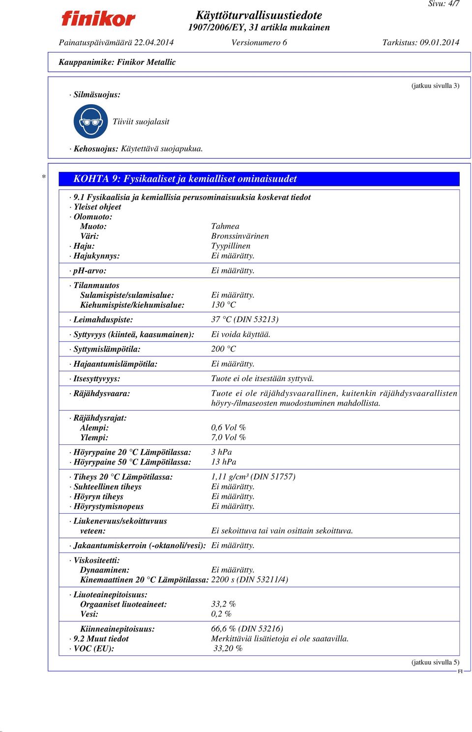 Tilanmuutos Sulamispiste/sulamisalue: Ei määrätty. Kiehumispiste/kiehumisalue: 130 C Leimahduspiste: 37 C (DIN 53213) Syttyvyys (kiinteä, kaasumainen): Ei voida käyttää.