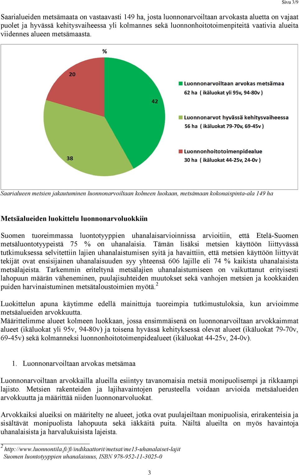 Saarialueen metsien jakautuminen luonnonarvoiltaan kolmeen luokaan, metsämaan kokonaispinta-ala 149 ha Metsäalueiden luokittelu luonnonarvoluokkiin Suomen tuoreimmassa luontotyyppien