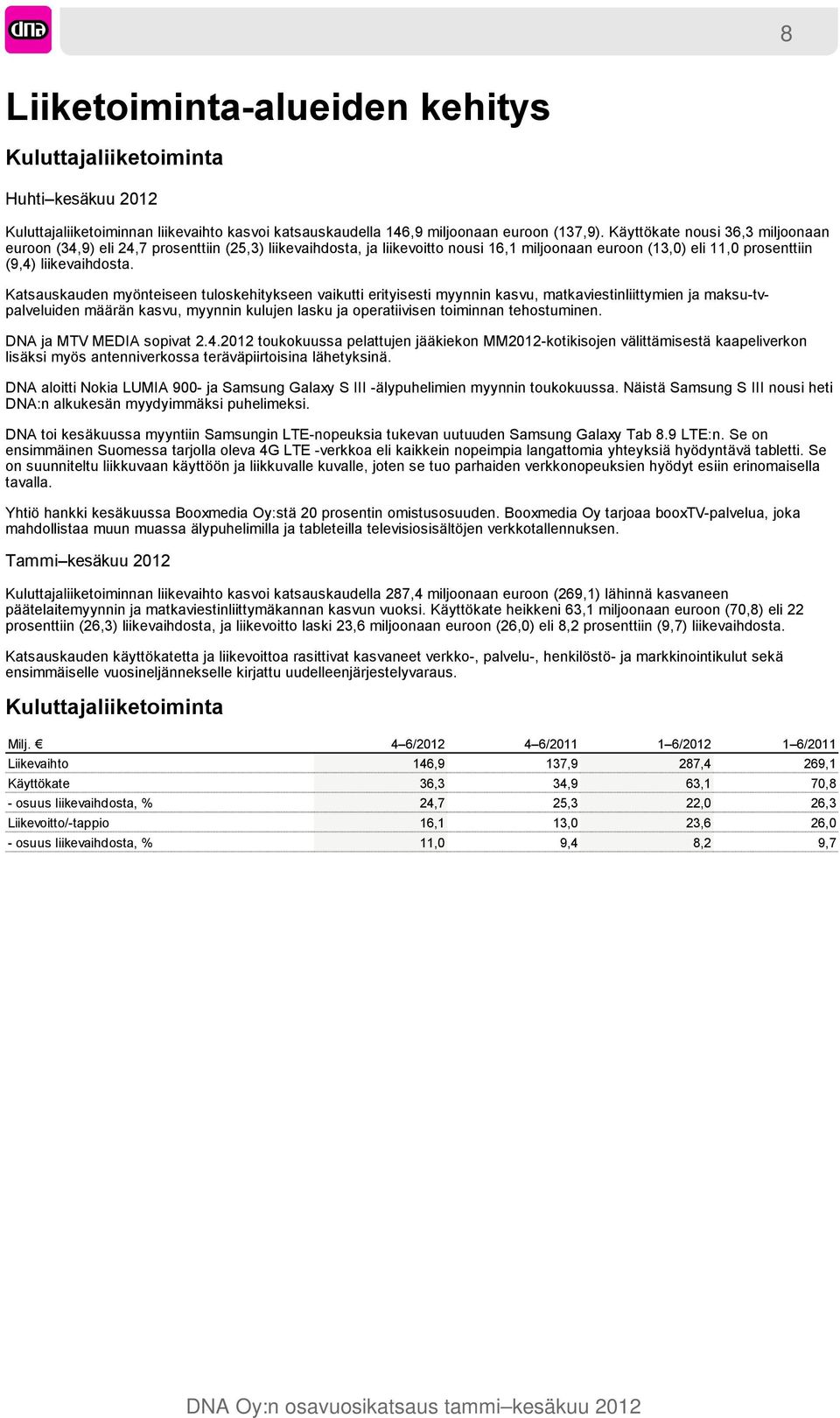 Katsauskauden myönteiseen tuloskehitykseen vaikutti erityisesti myynnin kasvu, matkaviestinliittymien ja maksu-tvpalveluiden määrän kasvu, myynnin kulujen lasku ja operatiivisen toiminnan