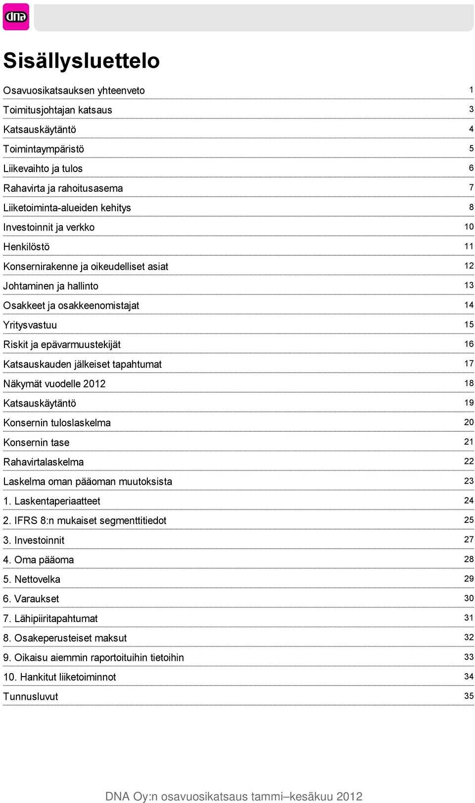 vuodelle 2012 Katsauskäytäntö Konsernin tuloslaskelma Konsernin tase Rahavirtalaskelma Laskelma oman pääoman muutoksista 1. Laskentaperiaatteet 2. IFRS 8:n mukaiset segmenttitiedot 3. Investoinnit 4.
