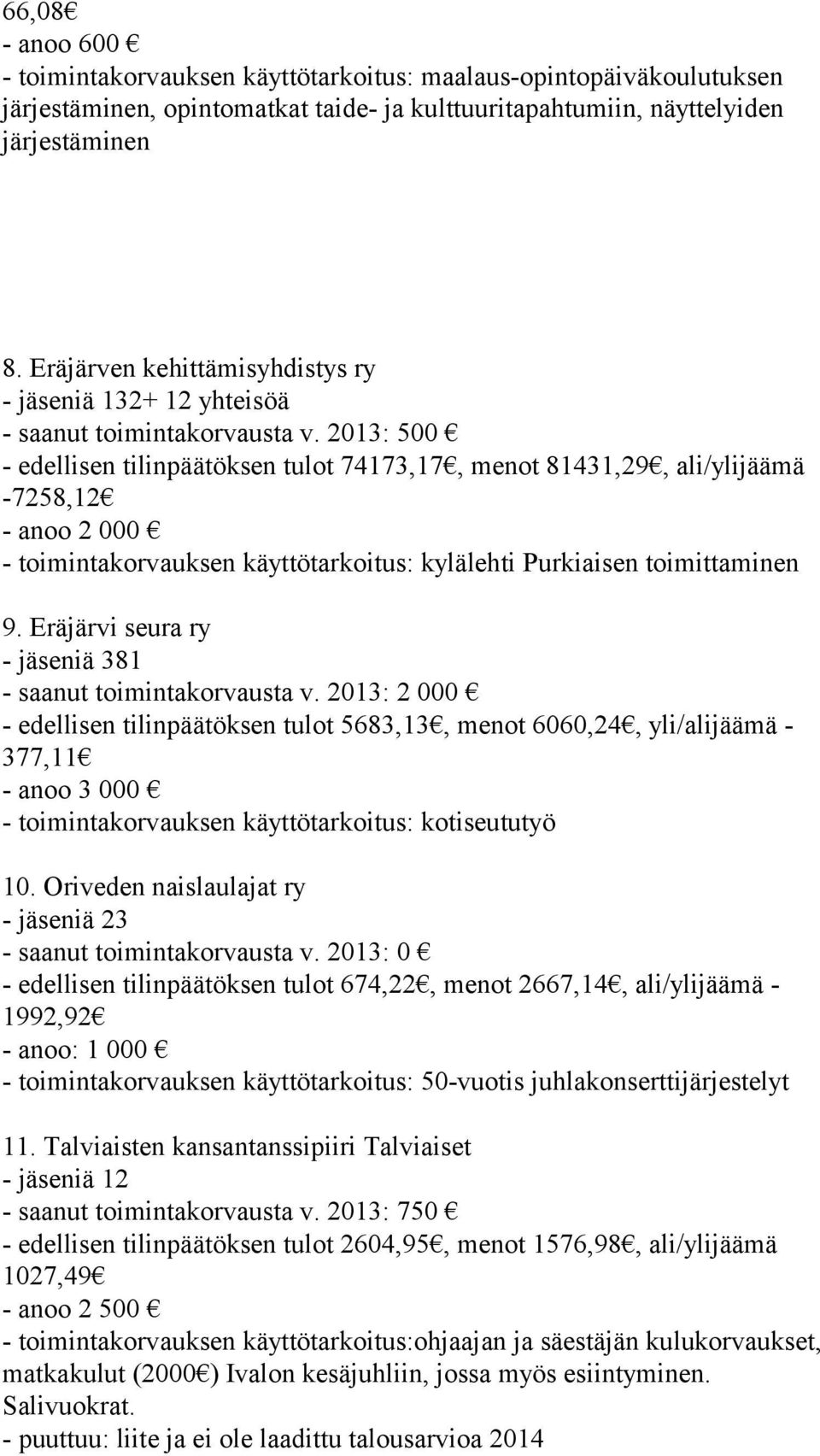 2013: 500 - edellisen tilinpäätöksen tulot 74173,17, menot 81431,29, ali/ylijäämä -7258,12 - anoo 2 000 - toimintakorvauksen käyttötarkoitus: kylälehti Purkiaisen toimittaminen 9.