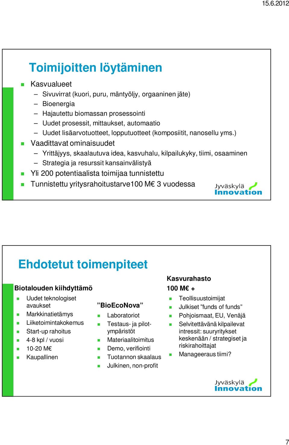 ) Vaadittavat ominaisuudet Yrittäjyys, skaalautuva idea, kasvuhalu, kilpailukyky, tiimi, osaaminen Strategia ja resurssit kansainvälistyä Yli 200 potentiaalista toimijaa tunnistettu Tunnistettu