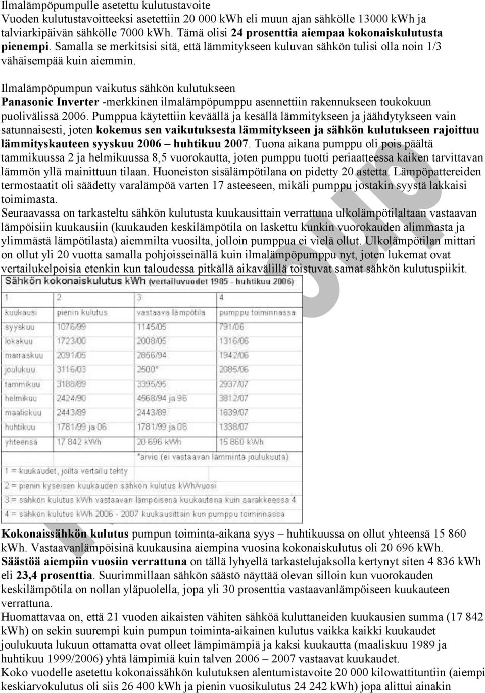 Ilmalämpöpumpun vaikutus sähkön kulutukseen Panasonic Inverter -merkkinen ilmalämpöpumppu asennettiin rakennukseen toukokuun puolivälissä 2006.