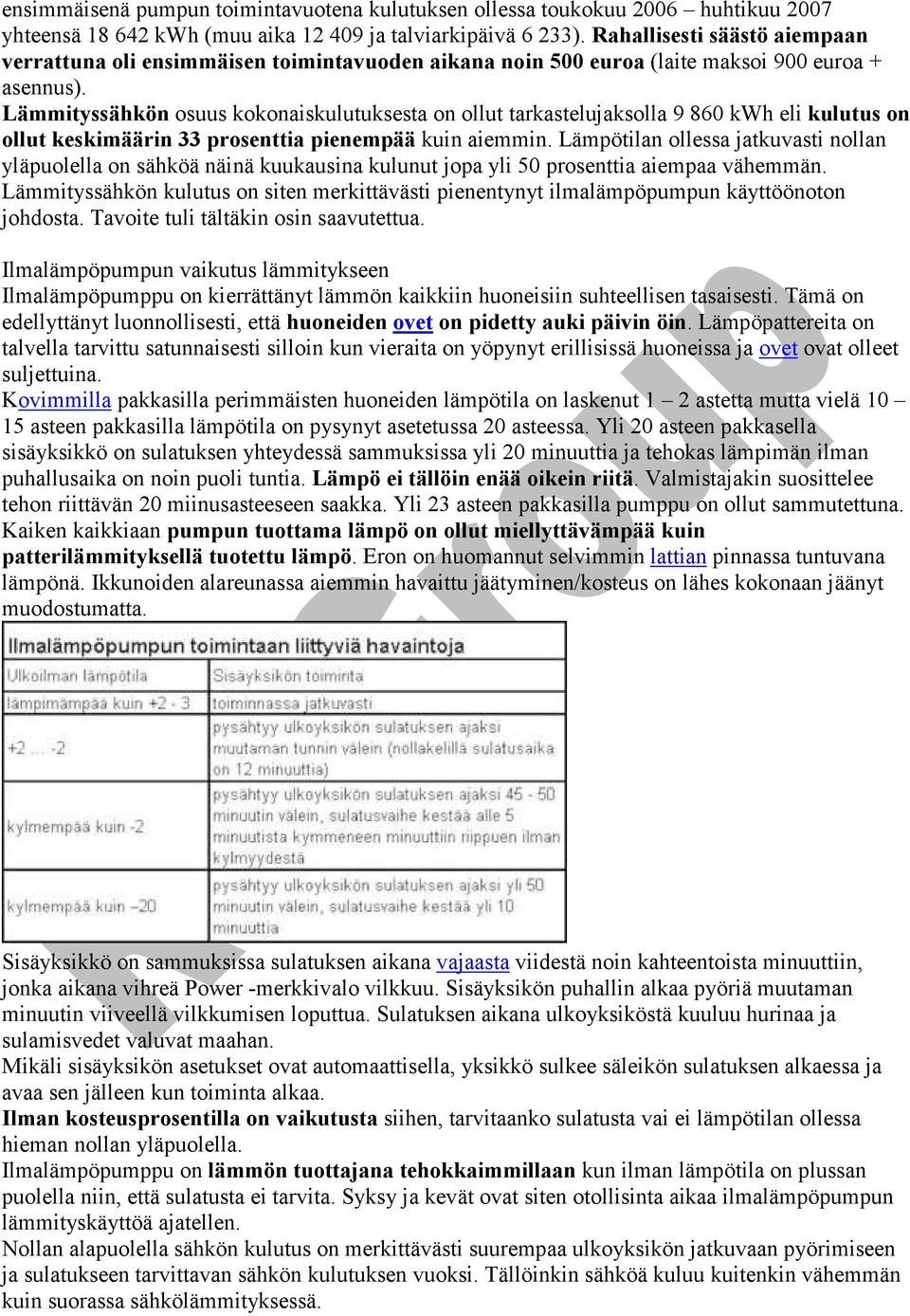 Lämmityssähkön osuus kokonaiskulutuksesta on ollut tarkastelujaksolla 9 860 kwh eli kulutus on ollut keskimäärin 33 prosenttia pienempää kuin aiemmin.