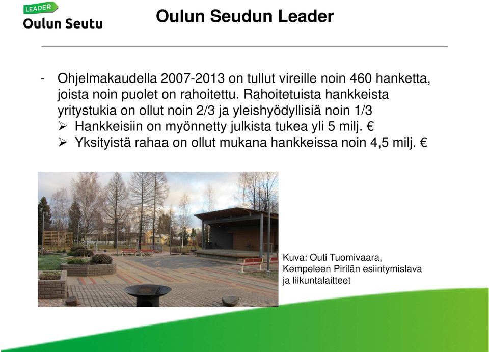 Rahoitetuista hankkeista yritystukia on ollut noin 2/3 ja yleishyödyllisiä noin 1/3 Hankkeisiin