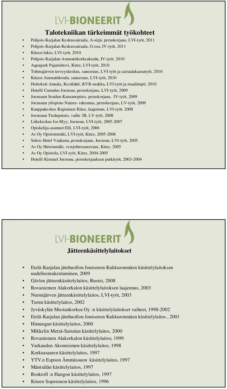 saneeraus, LVI-työt, 2010 Hoitokoti Annala, Kesälahti, KVR-urakka, LVI-työt ja maalämpö, 2010 Hotelli Cumulus Joensuu, peruskorjaus, LVI-työt, 2009 Joensuun Seudun Kansanopisto, peruskorjaus,