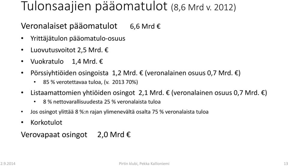 2013 70%) Listaamattomien yhtiöiden osingot 2,1 Mrd. (veronalainen osuus 0,7 Mrd.