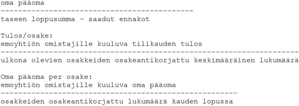 olevien osakkeiden osakeantikorjattu keskimääräinen lukumäärä Oma pääoma per osake: emoyhtiön omistajille kuuluva