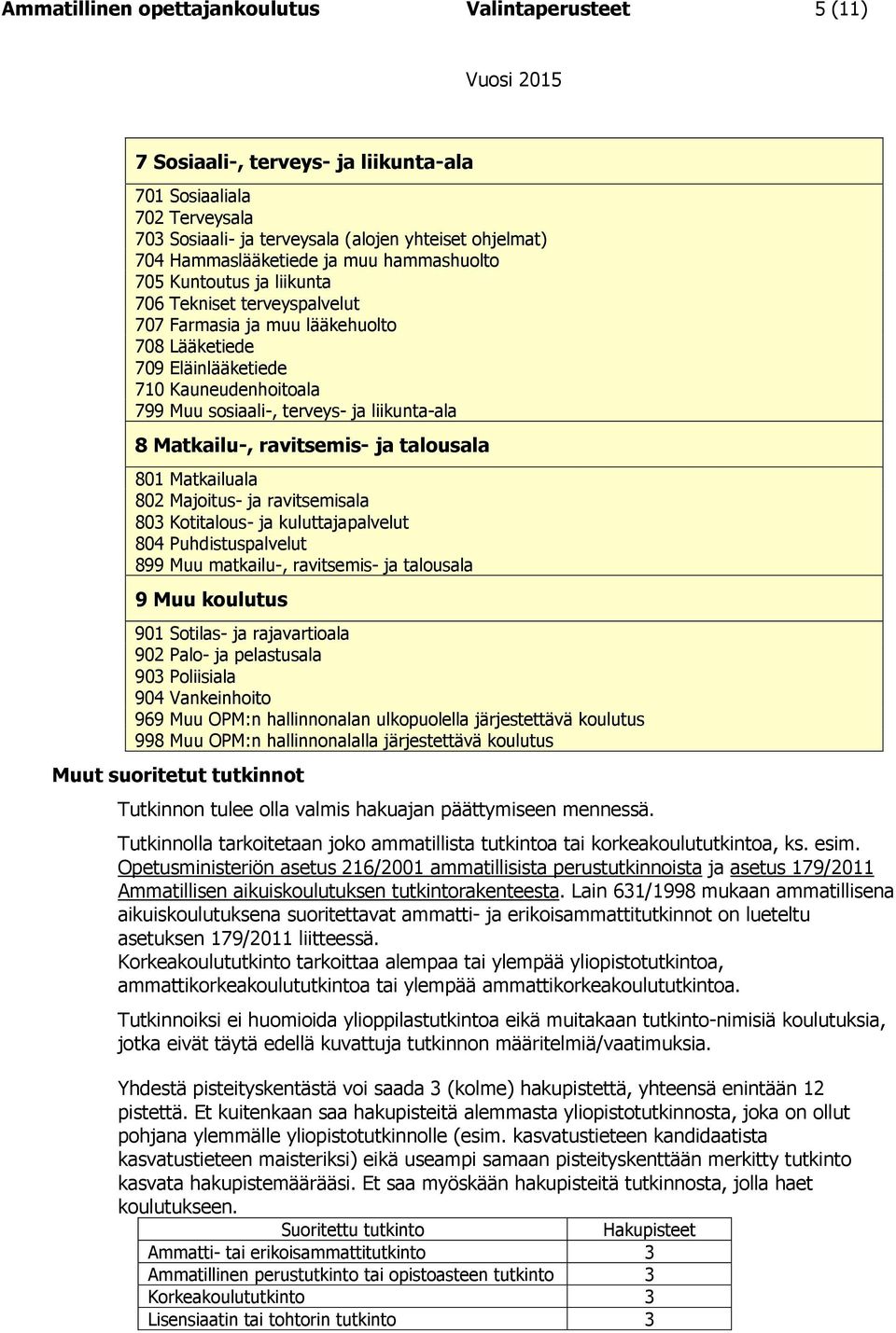 liikunta-ala 8 Matkailu-, ravitsemis- ja talousala 801 Matkailuala 802 Majoitus- ja ravitsemisala 803 Kotitalous- ja kuluttajapalvelut 804 Puhdistuspalvelut 899 Muu matkailu-, ravitsemis- ja