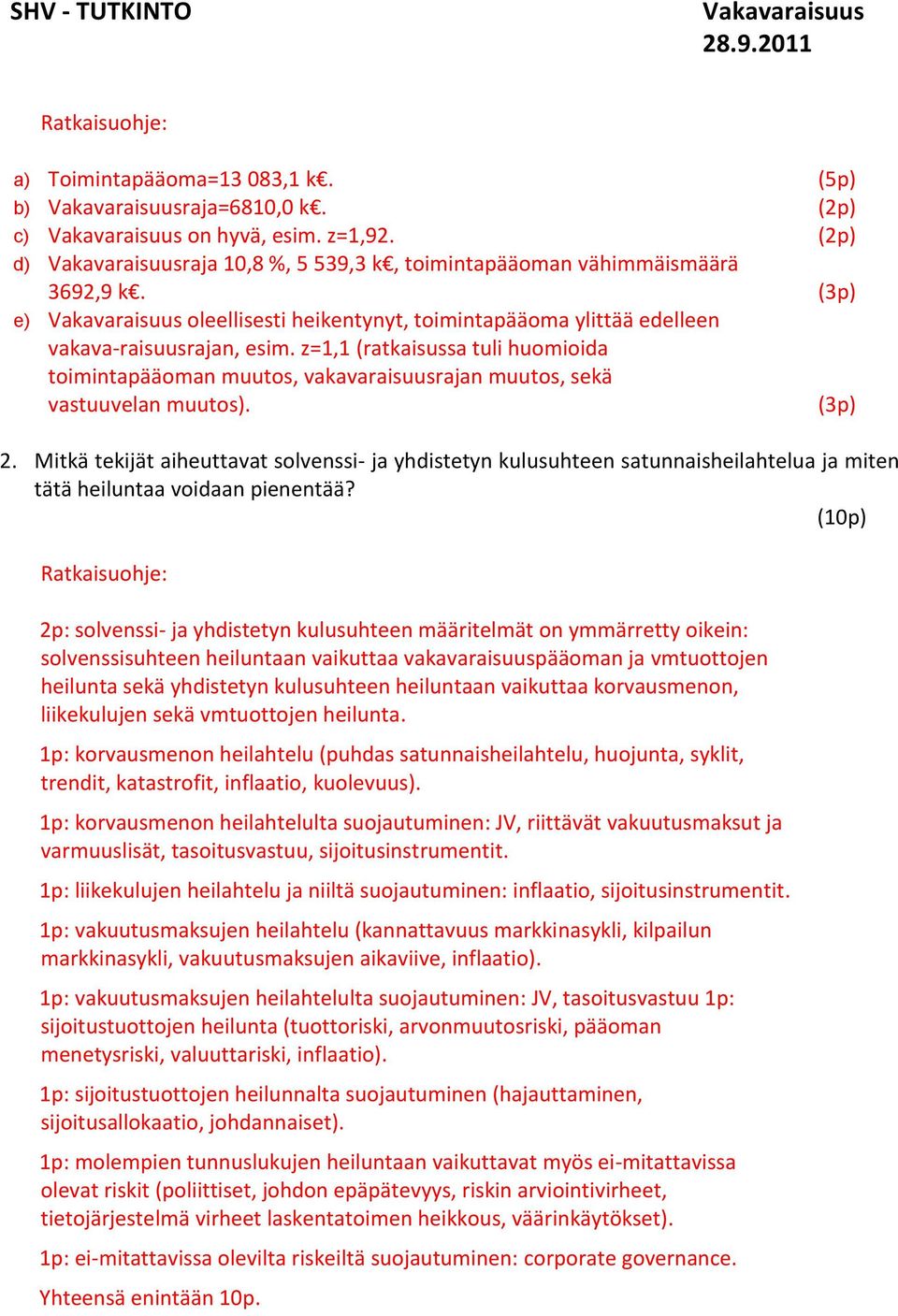 z=1,1 (ratkaisussa tuli huomioida toimintapääoman muutos, vakavaraisuusrajan muutos, sekä vastuuvelan muutos). (3p) 2.