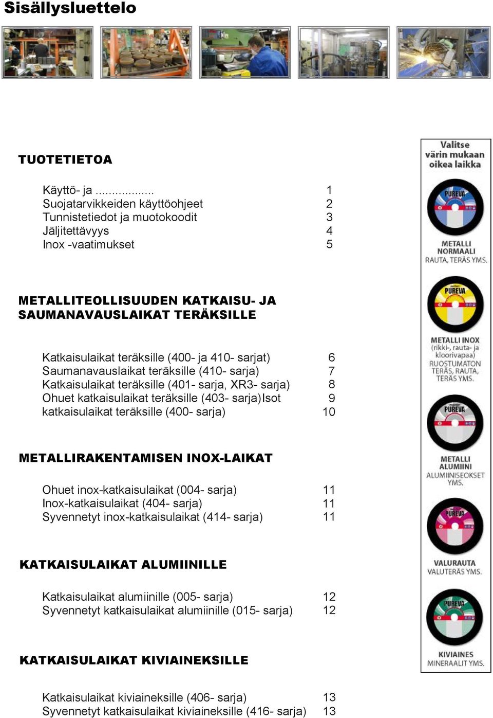 inox-katkaisulaikat (004- sarja) 11 Inox-katkaisulaikat (404- sarja) 11 Syvennetyt inox-katkaisulaikat (414- sarja) 11 Katkaisulaikat alumiinille (005-