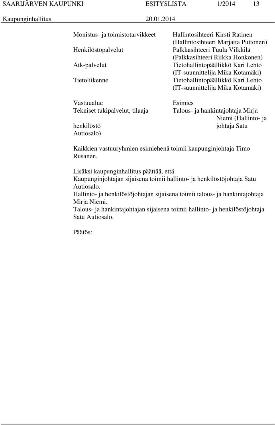 Tietohallintopäällikkö Kari Lehto (IT-suunnittelija Mika Kotamäki) Esimies Talous- ja hankintajohtaja Mirja Niemi (Hallinto- ja johtaja Satu Kaikkien vastuuryhmien esimiehenä toimii kaupunginjohtaja