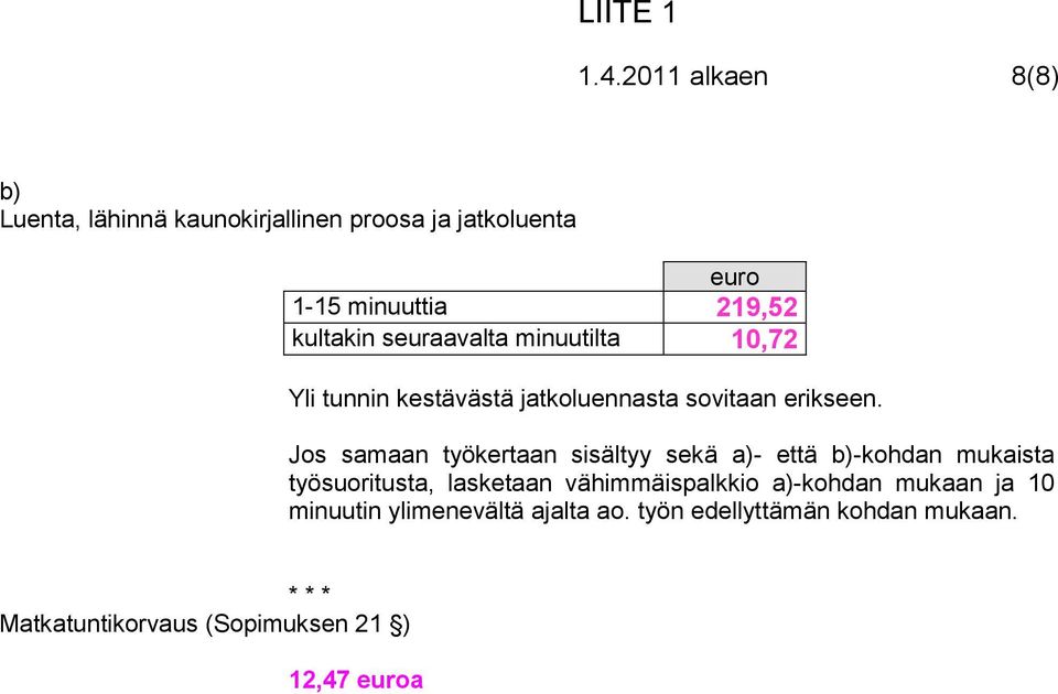 Jos samaan työkertaan sisältyy sekä a)- että b)-kohdan mukaista työsuoritusta, lasketaan vähimmäispalkkio