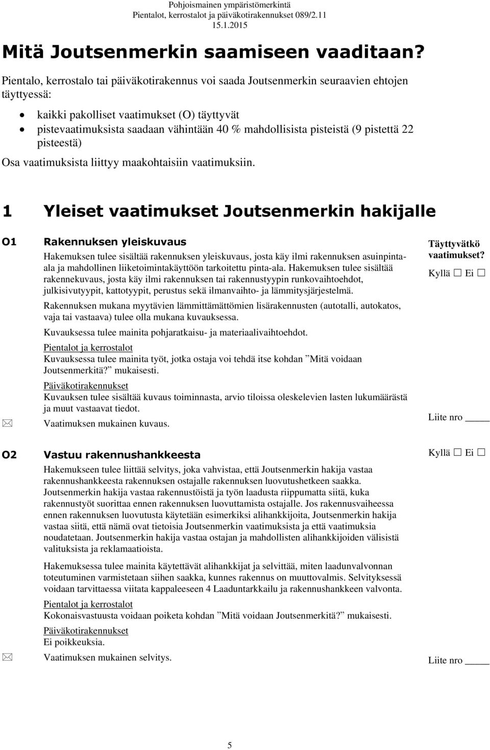 pisteistä (9 pistettä 22 pisteestä) Osa vaatimuksista liittyy maakohtaisiin vaatimuksiin.