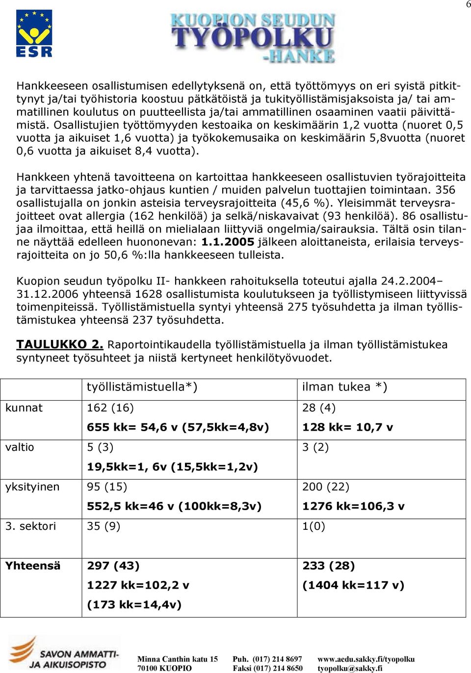 Osallistujien työttömyyden kestoaika on keskimäärin 1,2 vuotta (nuoret 0,5 vuotta ja aikuiset 1,6 vuotta) ja työkokemusaika on keskimäärin 5,8vuotta (nuoret 0,6 vuotta ja aikuiset 8,4 vuotta).