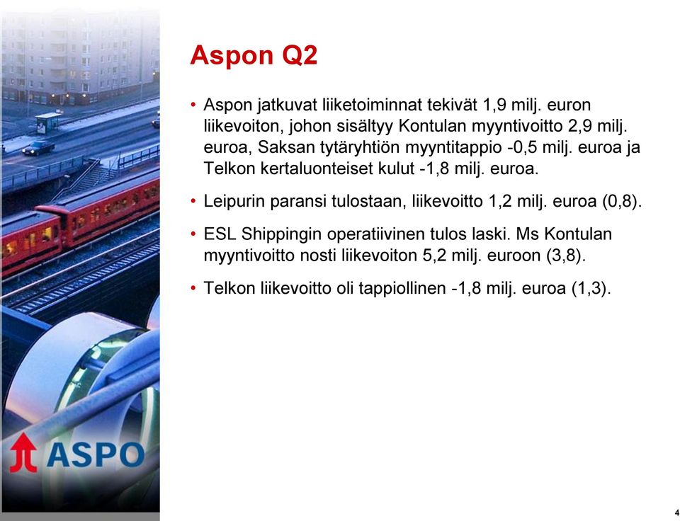 euroa ja Telkon kertaluonteiset kulut -1,8 milj. euroa. Leipurin paransi tulostaan, liikevoitto 1,2 milj.