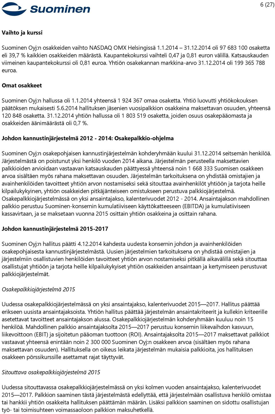 Omat osakkeet Suominen Oyj:n hallussa oli 1.1.2014 yhteensä 1 924 367 omaa osaketta. Yhtiö luovutti yhtiökokouksen päätöksen mukaisesti 5.6.2014 hallituksen jäsenien vuosipalkkion osakkeina maksettavan osuuden, yhteensä 120 848 osaketta.