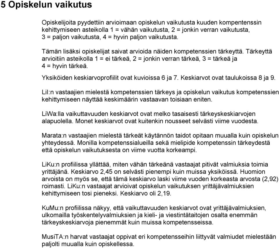 Tärkeyttä arvioitiin asteikolla 1 = ei tärkeä, 2 = jonkin verran tärkeä, 3 = tärkeä ja 4 = hyvin tärkeä. Yksiköiden keskiarvoprofiilit ovat kuvioissa 6 ja 7. Keskiarvot ovat taulukoissa 8 ja 9.