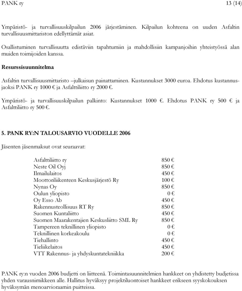 Resurssisuunnitelma Asfaltin turvallisuusmittaristo julkaisun painattaminen. Kustannukset 3000 euroa. Ehdotus kustannusjaoksi PANK ry 1000 ja Asfalttiliitto ry 2000.