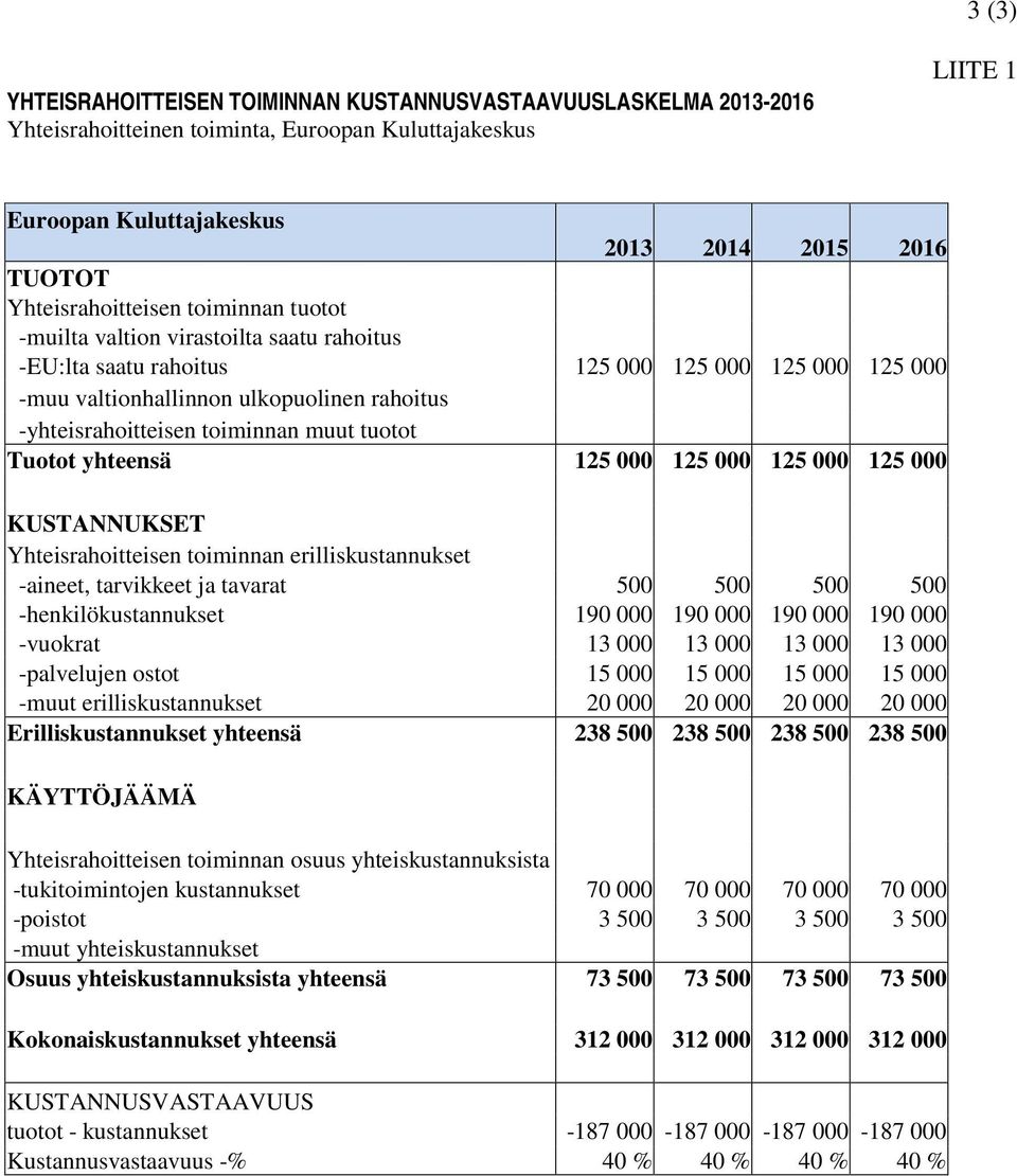 toiminnan muut tuotot Tuotot yhteensä 125 000 125 000 125 000 125 000 KUSTANNUKSET Yhteisrahoitteisen toiminnan erilliskustannukset -aineet, tarvikkeet ja tavarat 500 500 500 500 -henkilökustannukset