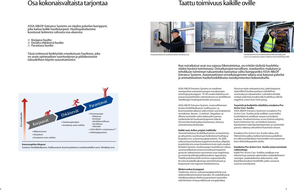suorituskyvyn ja pitkäkestoisen taloudellisen käytön saavuttamiseen. Huoltoteknikkomme huoltavat kaiken merkkisiä ovia.