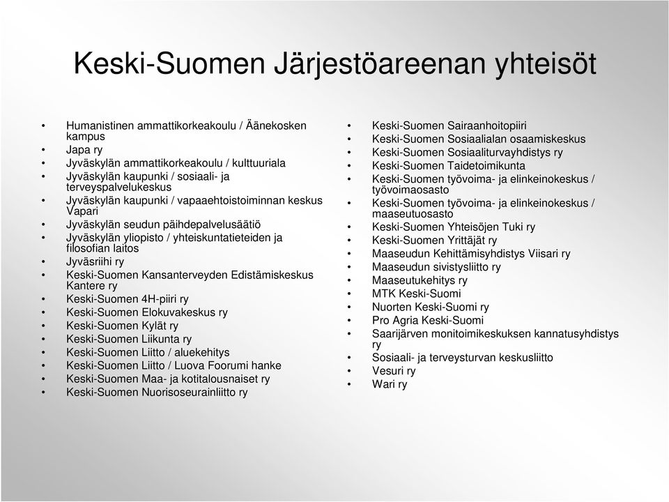 Kansanterveyden Edistämiskeskus Kantere ry Keski-Suomen 4H-piiri ry Keski-Suomen Elokuvakeskus ry Keski-Suomen Kylät ry Keski-Suomen Liikunta ry Keski-Suomen Liitto / aluekehitys Keski-Suomen Liitto