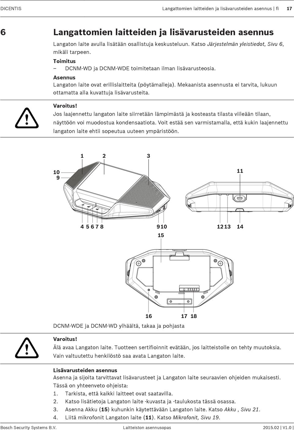 Mekaanista asennusta ei tarvita, lukuun ottamatta alla kuvattuja lisävarusteita. Varoitus!