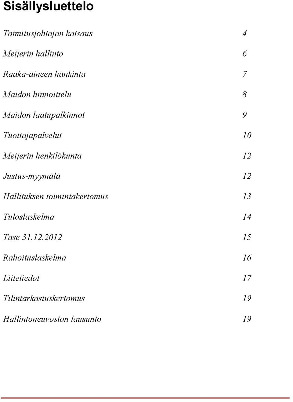 12 Justus-myymälä 12 Hallituksen toimintakertomus 13 Tuloslaskelma 14 Tase 31.12.2012 15