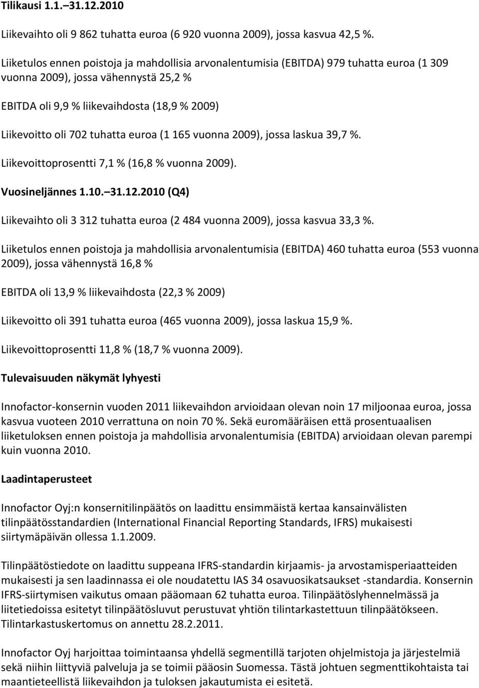 tuhatta euroa (1 165 vuonna 2009), jossa laskua 39,7 %. Liikevoittoprosentti 7,1 % (16,8 % vuonna 2009). Vuosineljännes 1.10. 31.12.
