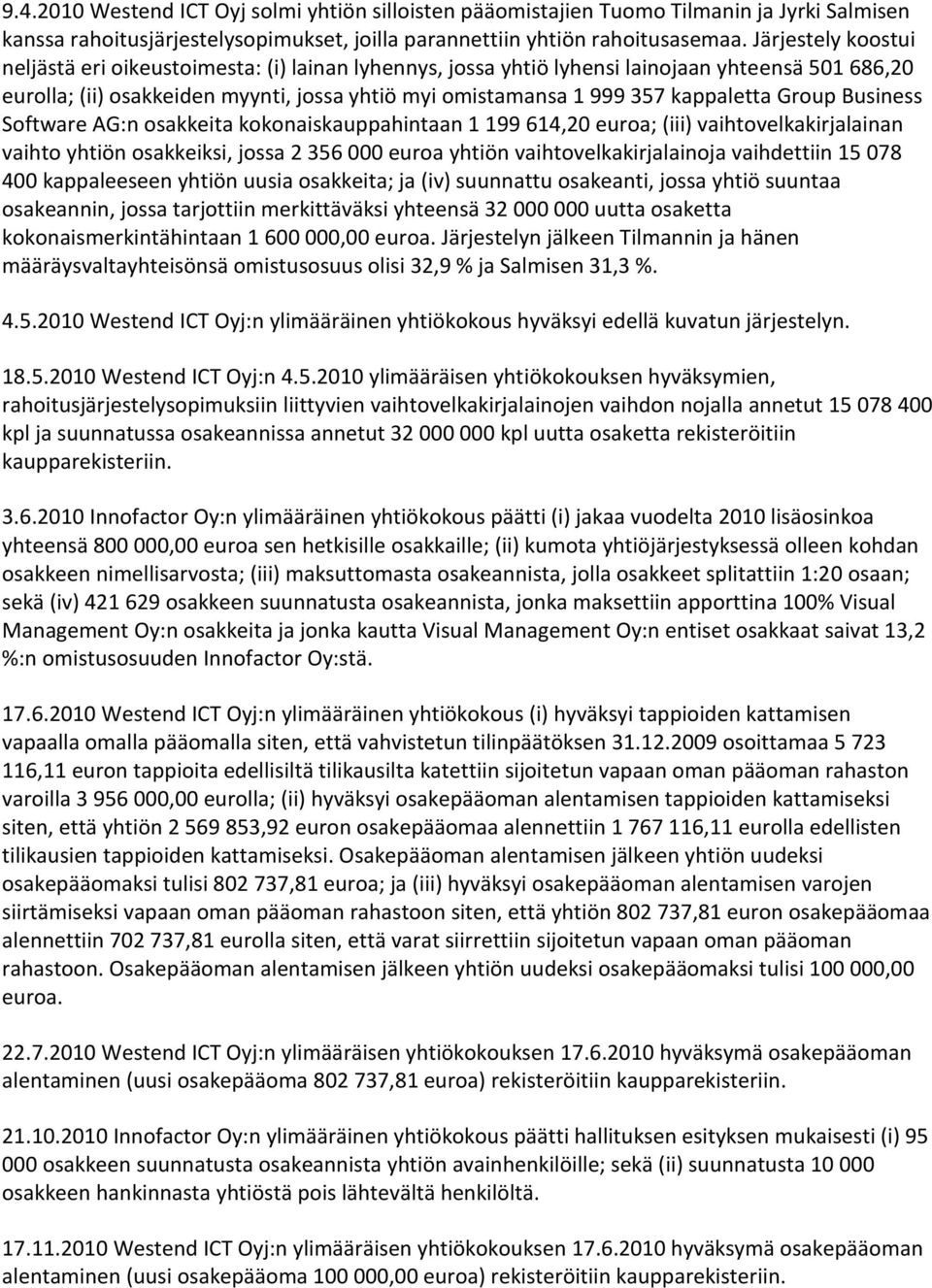 kappaletta Group Business Software AG:n osakkeita kokonaiskauppahintaan 1 199 614,20 euroa; (iii) vaihtovelkakirjalainan vaihto yhtiön osakkeiksi, jossa 2 356 000 euroa yhtiön vaihtovelkakirjalainoja