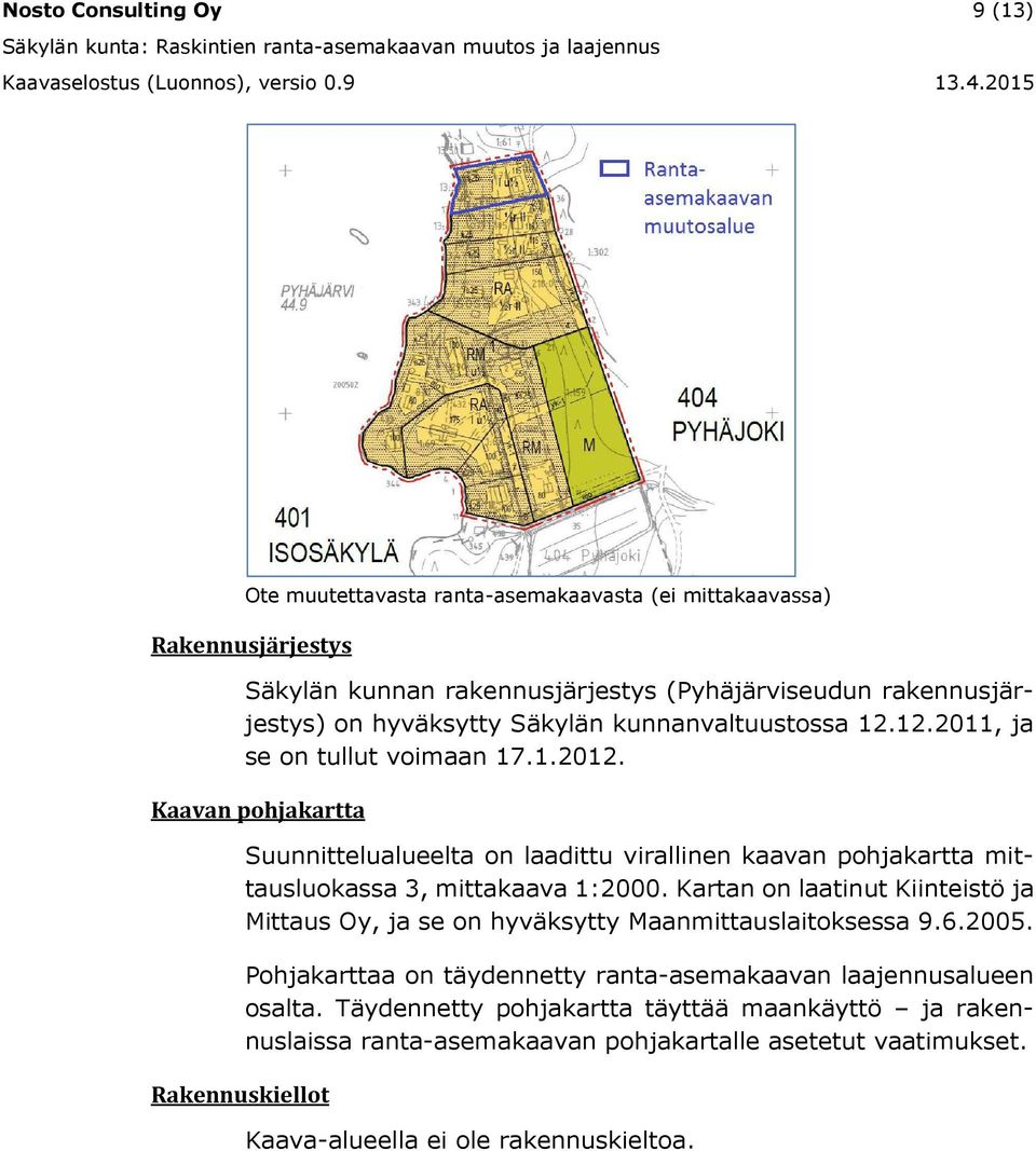 Kaavan pohjakartta Rakennuskiellot Suunnittelualueelta on laadittu virallinen kaavan pohjakartta mittausluokassa 3, mittakaava 1:2000.