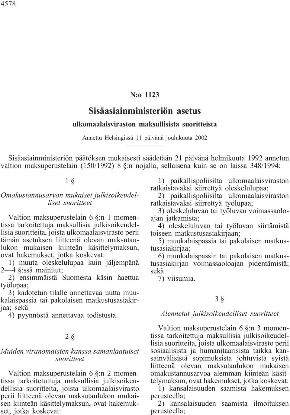 maksuperustelain 6 :n 1 momentissa tarkoitettuja maksullisia julkisoikeudellisia suoritteita, joista ulkomaalaisvirasto perii tämän asetuksen liitteenä olevan maksutaulukon mukaisen kiinteän