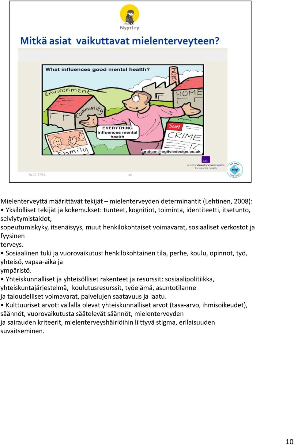 Sosiaalinen tuki ja vuorovaikutus: henkilökohtainen tila, perhe, koulu, opinnot, työ, yhteisö, vapaa aika ja ympäristö.