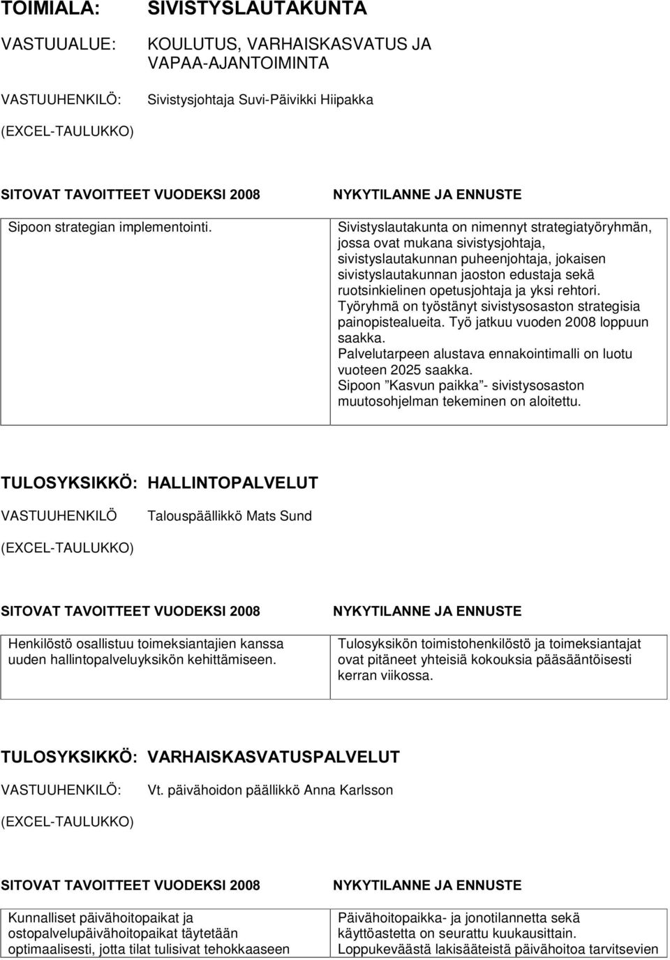 opetusjohtaja ja yksi rehtori. Työryhmä on työstänyt sivistysosaston strategisia painopistealueita. Työ jatkuu vuoden 2008 loppuun saakka.