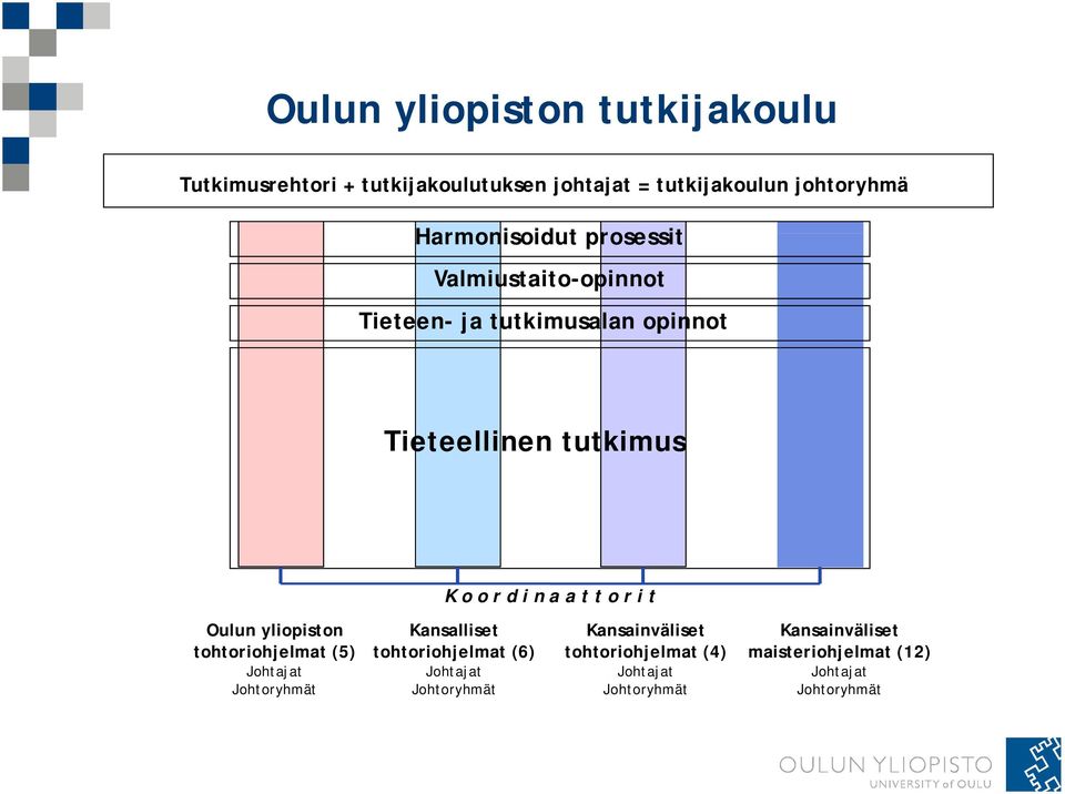 tohtoriohjelmat (5) Johtajat Johtoryhmät K o o r d i n a a t t o r i t Kansalliset tohtoriohjelmat (6) Johtajat