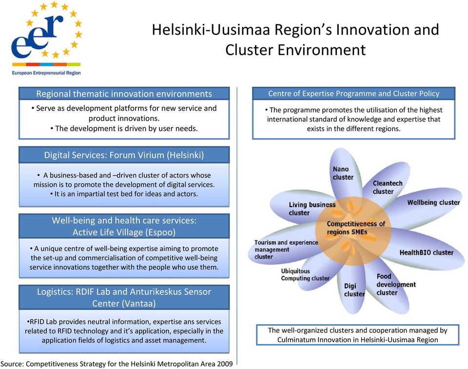 Centre of Expertise Programme and Cluster Policy The programme promotes the utilisation of the highest international standard of knowledge and expertise that exists in the different regions.