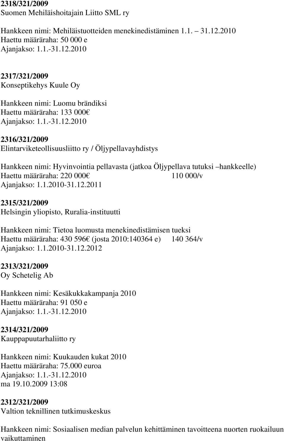 Hankkeen nimi: Hyvinvointia pellavasta (jatkoa Öljypellava tutuksi hankkeelle) Haettu määräraha: 220 000 110 000/v 2315/321/2009 Helsingin yliopisto, Ruralia-instituutti Hankkeen nimi: Tietoa